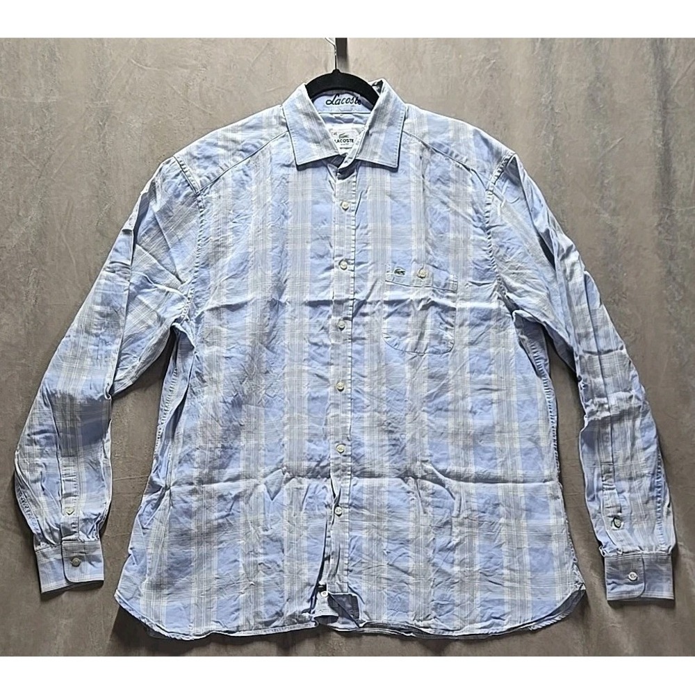 Lacoste Shirt Mens 45 Gray Blue Plaid Slim Fit Long Sleeve Button‎ Down Preppy